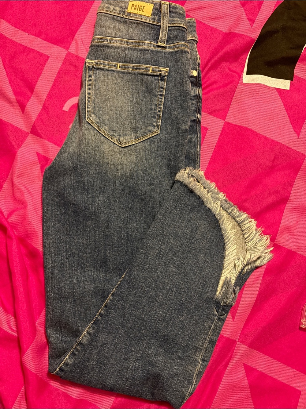 PAIGE Dark Blue Frayed Hem Ankle Jeans